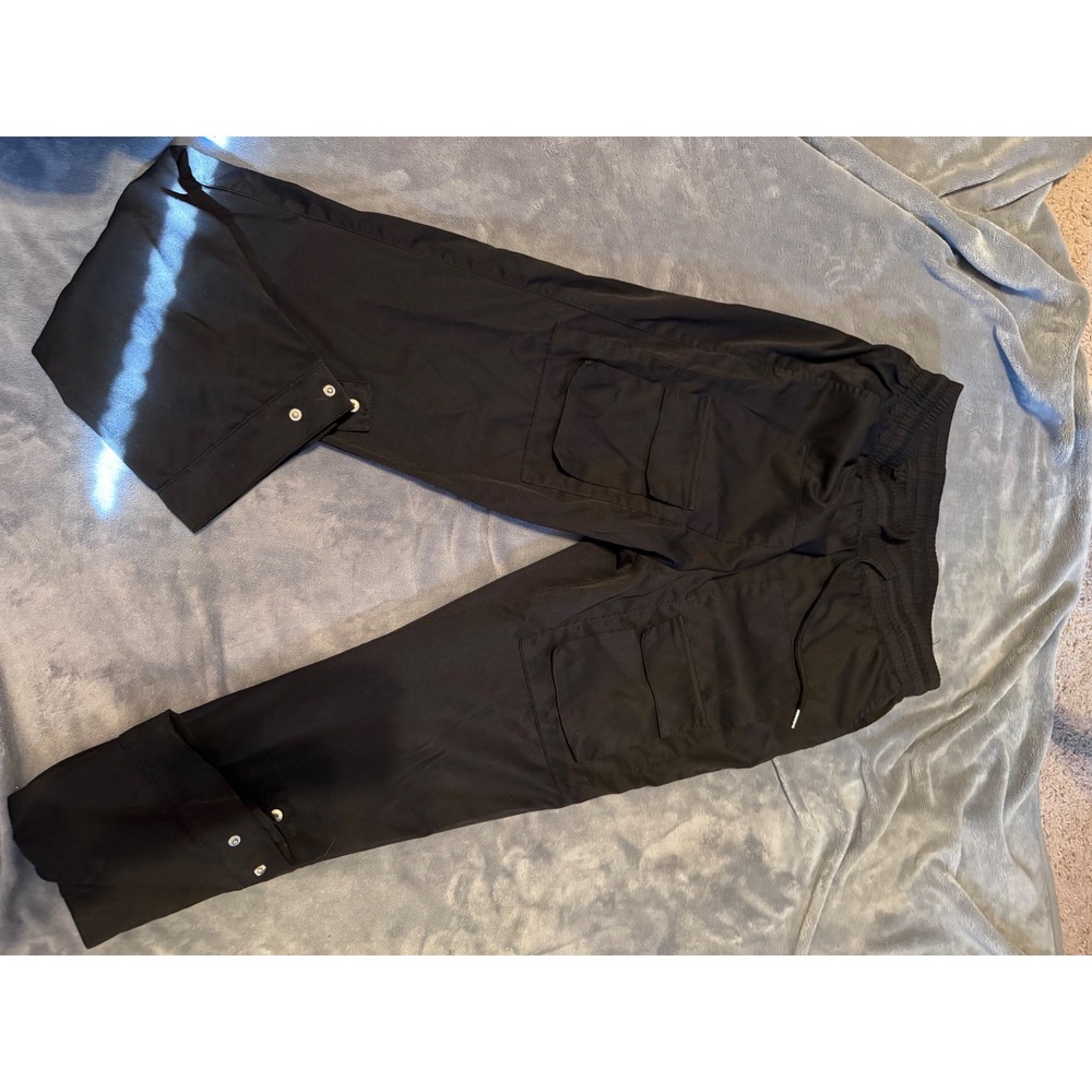 Mens Black Cargo Jogger Pants Elastic Waist Snap Cuff Utility Trousers Size M